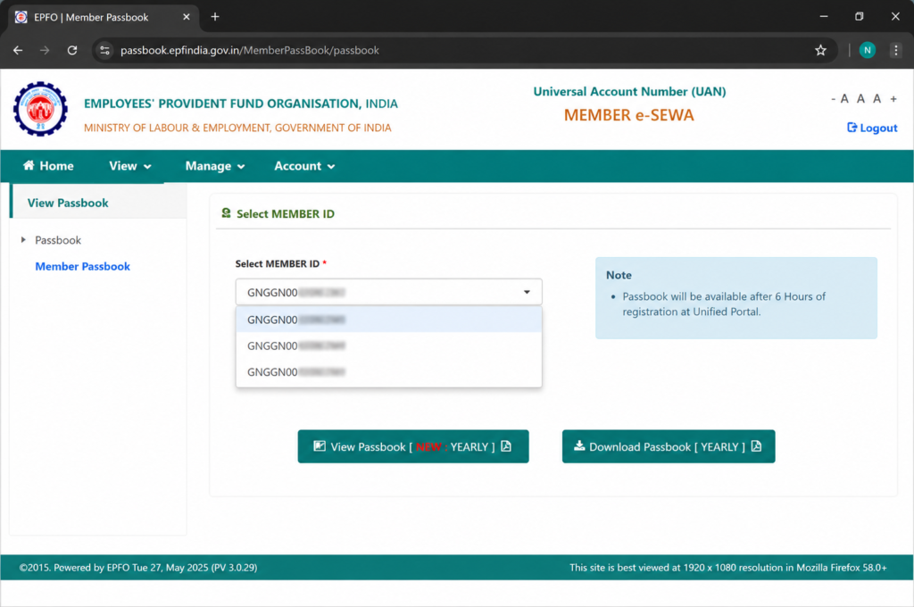 Choose your Member ID to view or download your EPF passbook instantly