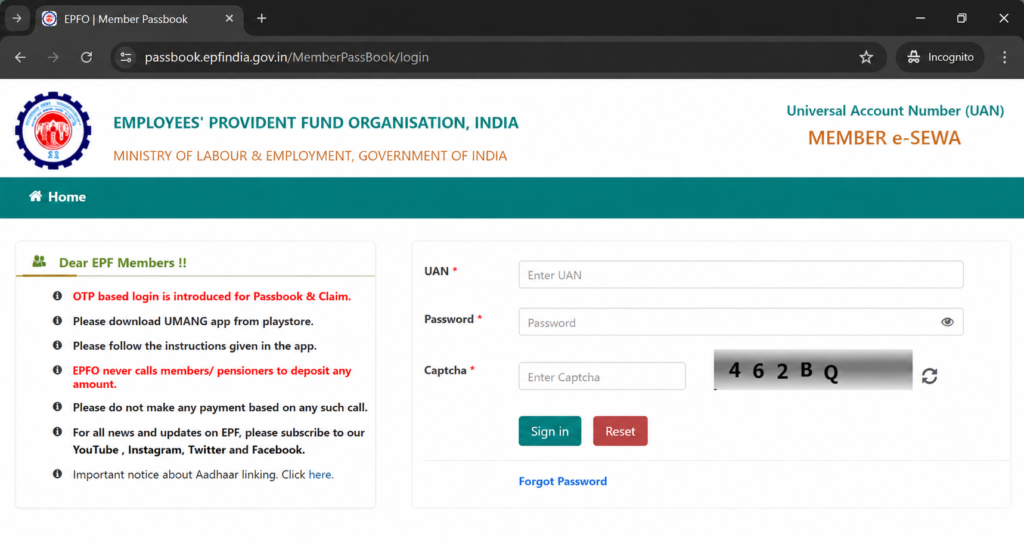 Sign in using your UAN, password, and the security captcha