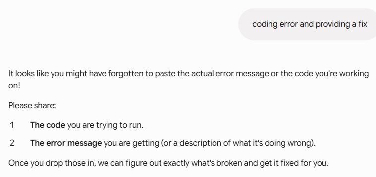Gemini explaining a coding error and providing a fix