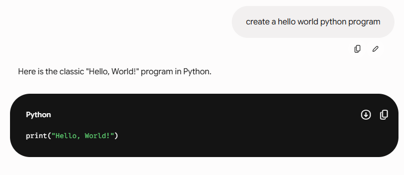  Gemini generating a Python program from a text prompt