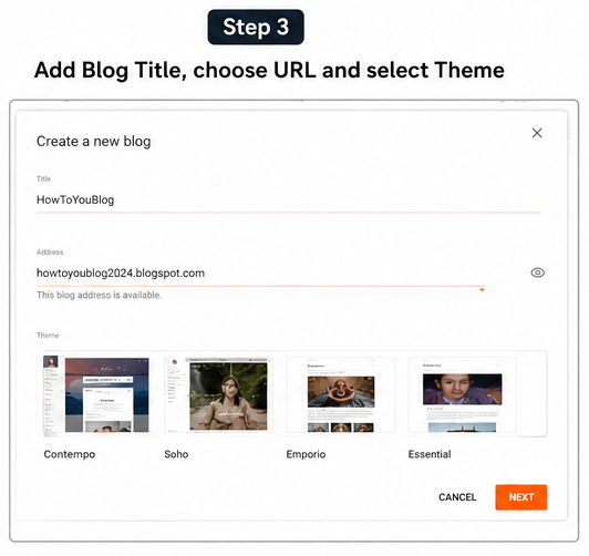 Add Blog title, choose URL, and Select Theme