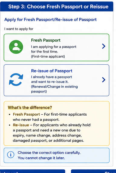 Choose Fresh Passport or Reissue