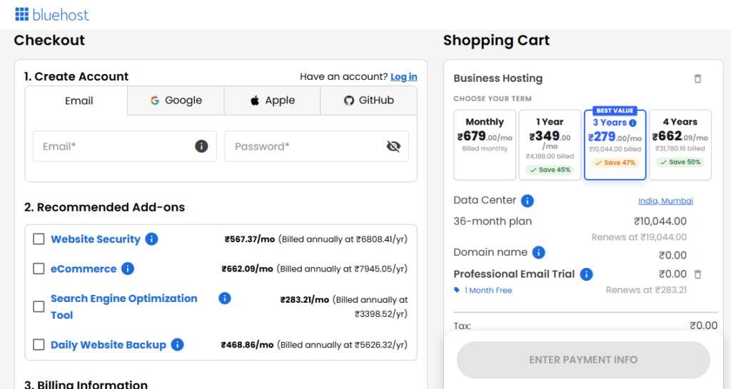 Create Your Bluehost Account and Complete Checkout