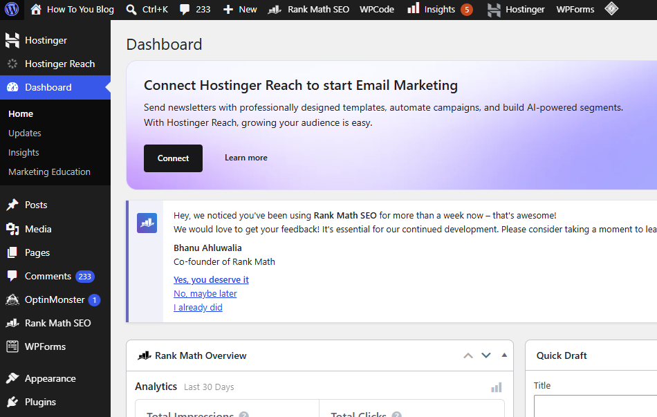 WordPress dashboard overview