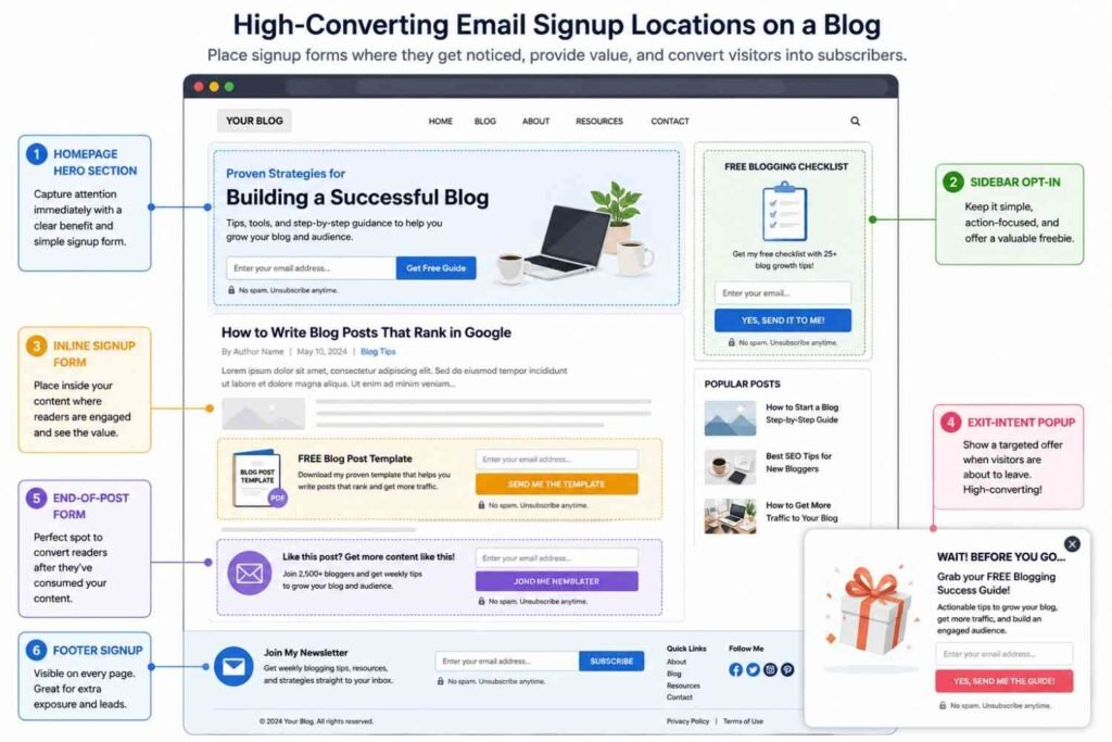 Best places to add email signup forms on a blog