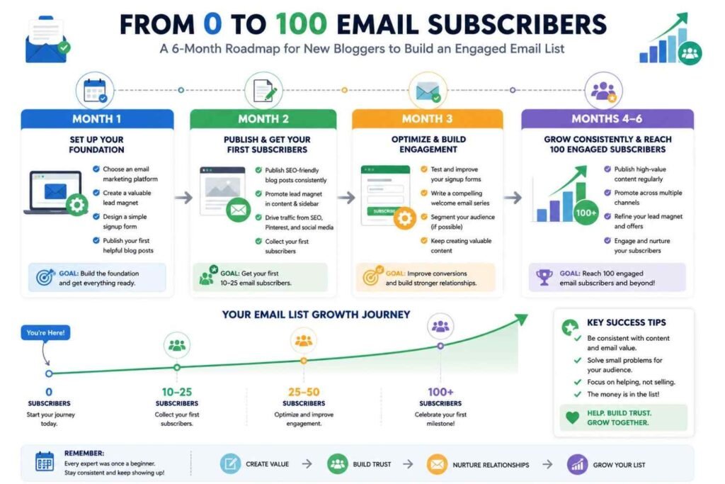Roadmap to get your first 100 email subscribers from a new blog