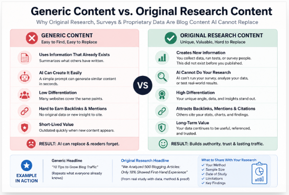 Original research is blog content AI cannot easily replace,
