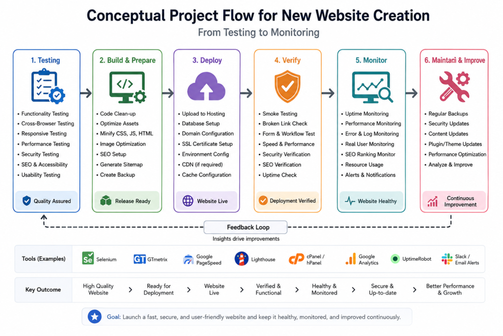 Conceptual project flow from testing to monitoring for Hostinger