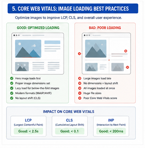 prevent images from damaging Core Web Vitals, control their size, space, and load order.