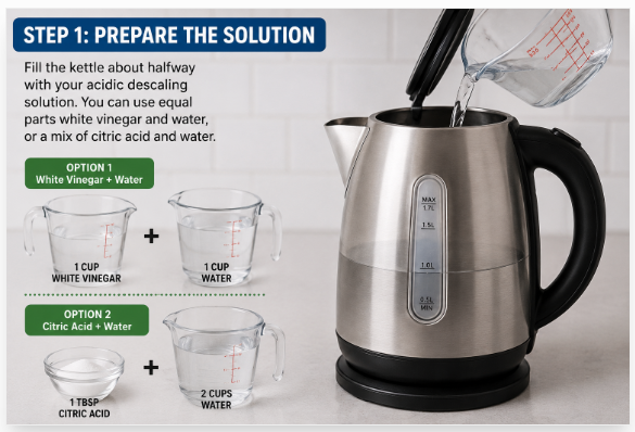 Fill your kettle halfway with the cleaning mix-Prepare the Descaling Solution