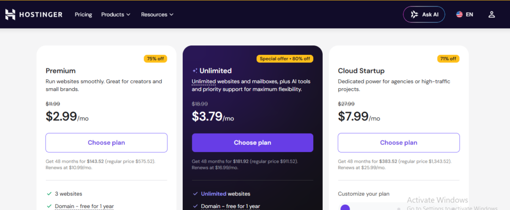 Hostinger-plans & Price comparison