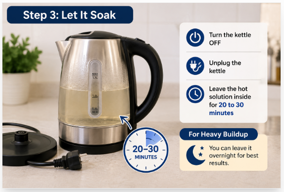 3. Let It Soak-Unplug the kettle and leave the hot mix inside for 20 to 30 minutes
