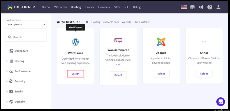 From the website onboarding flow or the website dashboard, choose the WordPress installation option.